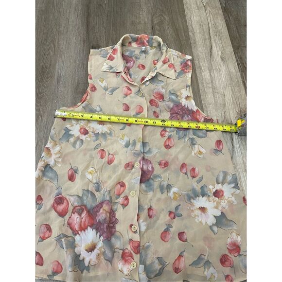 Italian Floral Beige Pink Button-Up Collared Sleeveless Blouse, Size US 8 - Picture 3 of 10